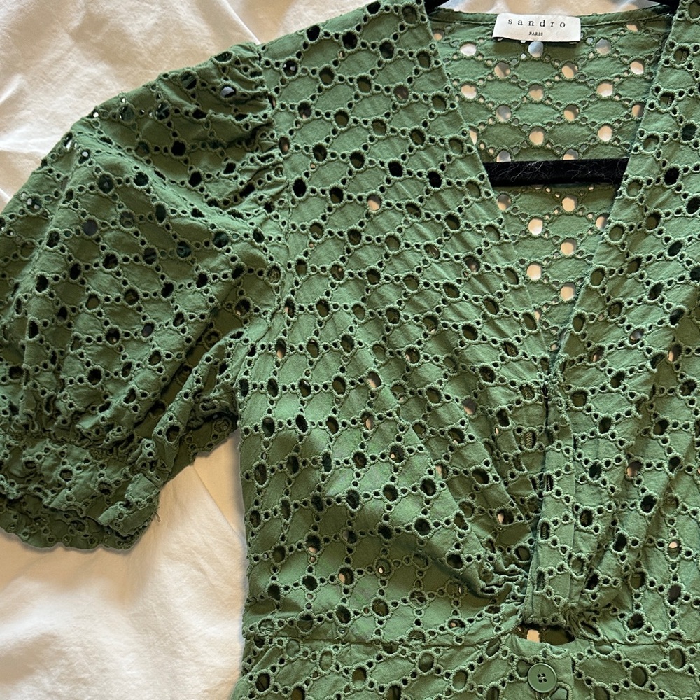 Sandro Olive Green Eyelet Midi Dress - Picture 3 of 7